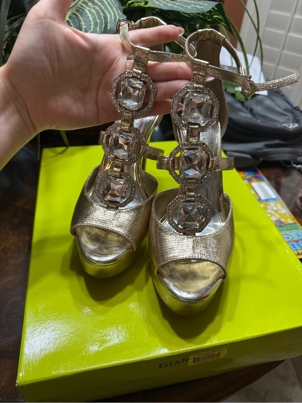 Gold Jeweled T-Strap Platform Sandals - Women